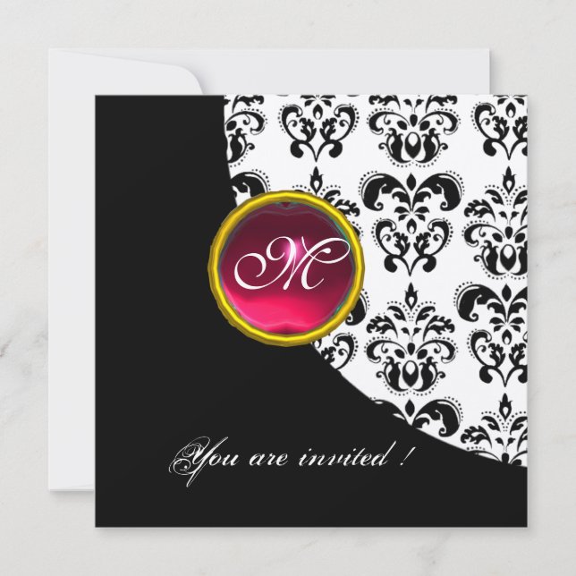 BLACK AND WHITE DAMASK MONOGRAM,red ruby,silver Invitation (Front)