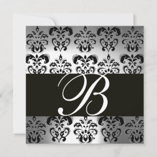BLACK AND WHITE DAMASK MONOGRAM silver moonstone Invitation