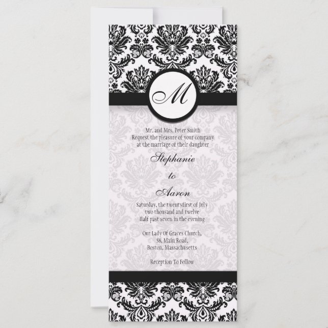 Black and White Damask Monogram Wedding Invitation (Front)