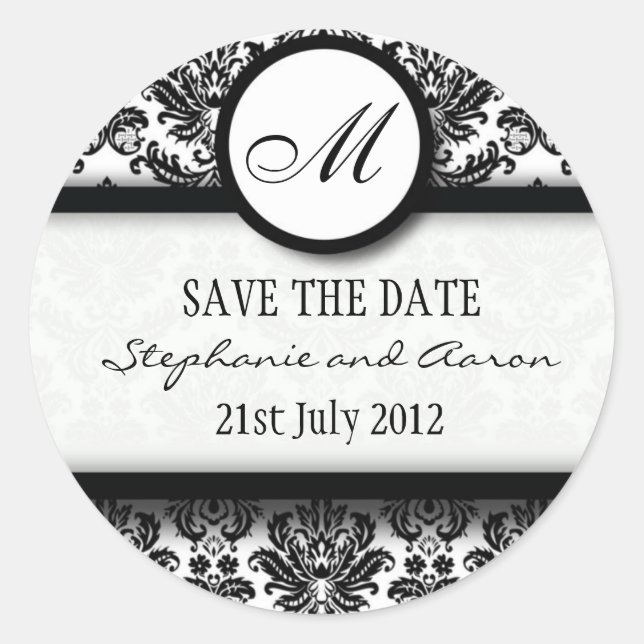 Black and White Damask Monogram Wedding Sticker (Front)