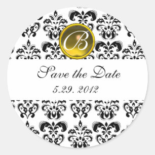 BLACK AND WHITE DAMASK MONOGRAM yellow topaz Classic Round Sticker