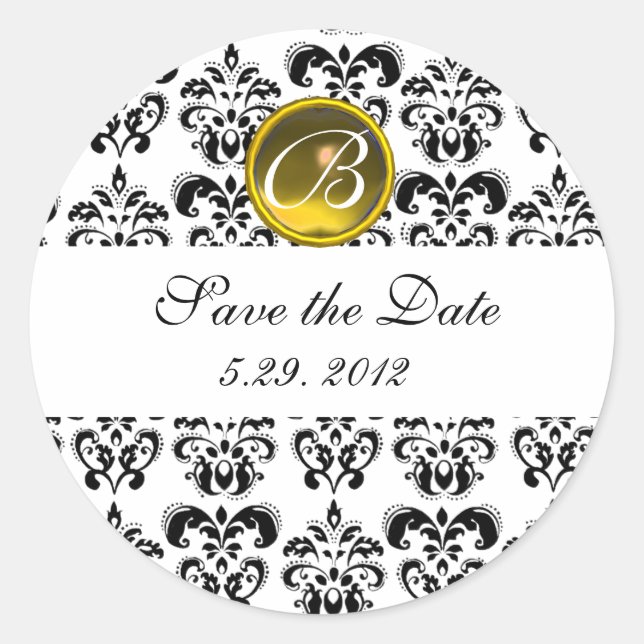 BLACK AND WHITE DAMASK MONOGRAM yellow topaz Classic Round Sticker (Front)