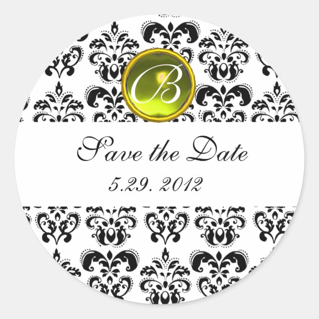 BLACK AND WHITE DAMASK MONOGRAM yellow topaz Classic Round Sticker (Front)