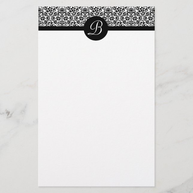 Black and White Damask Monogrammed Writing Paper (Front)
