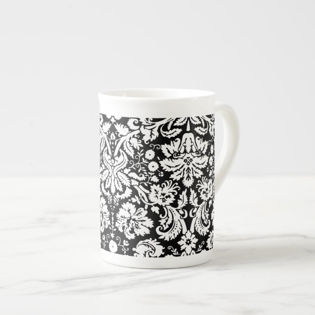 Black and white damask pattern bone china mug (Front Right)
