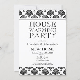 Black and White Damask Pattern Housewarming Party Announcement