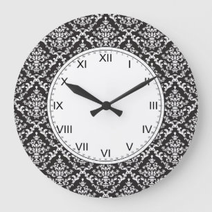 Black and White Damask Pattern Large Clock