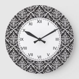 Black and White Damask Pattern Large Clock