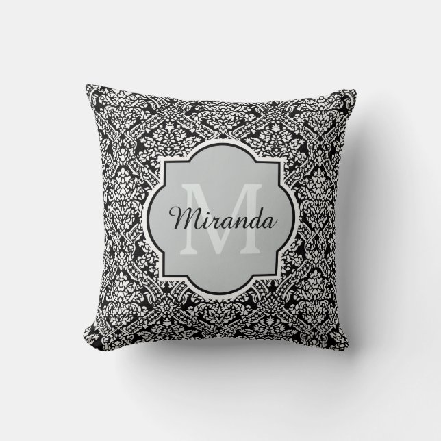 Black and White Damask Pattern Monogram and Name Cushion (Front)