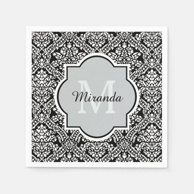Black and White Damask Pattern Monogram and Name Napkin (Front)
