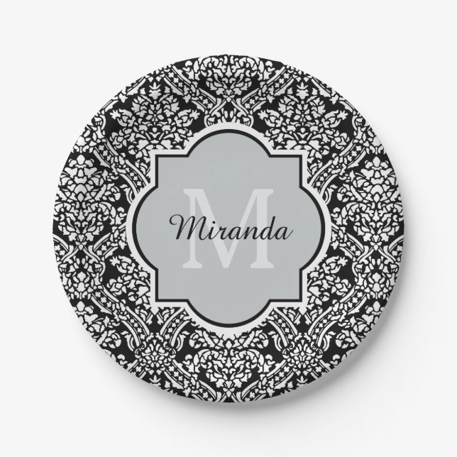 Black and White Damask Pattern Monogram and Name Paper Plate (Front)