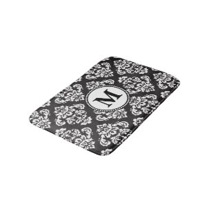 Black and White Damask Pattern Monogram Bath Mat