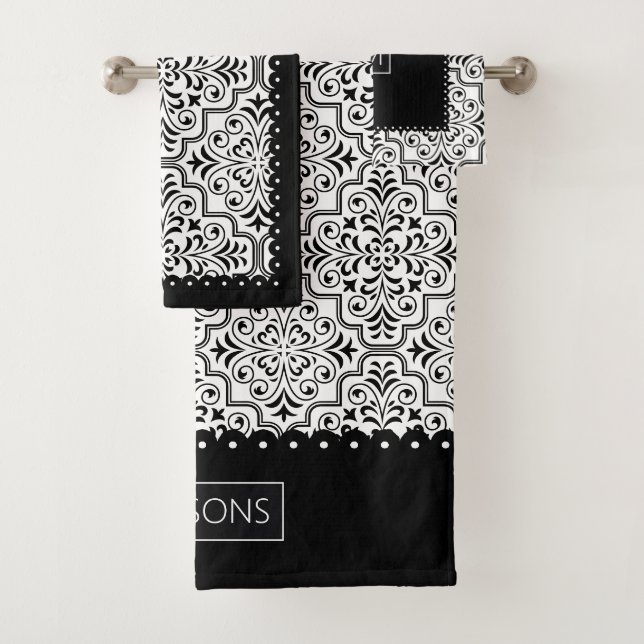 Black and white damask pattern, scalloped borders bath towel set (Insitu)