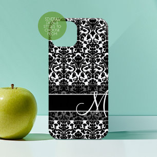Black and White Damask Pattern Script Monogram iPhone 16 Case