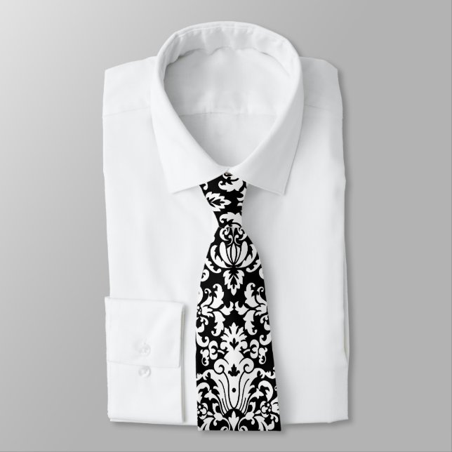 Black and White Damask Pattern Tie (Tied)