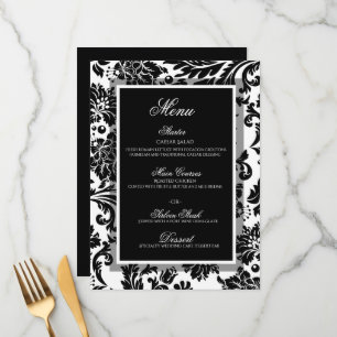 Black and white damask pattern wedding flat menu
