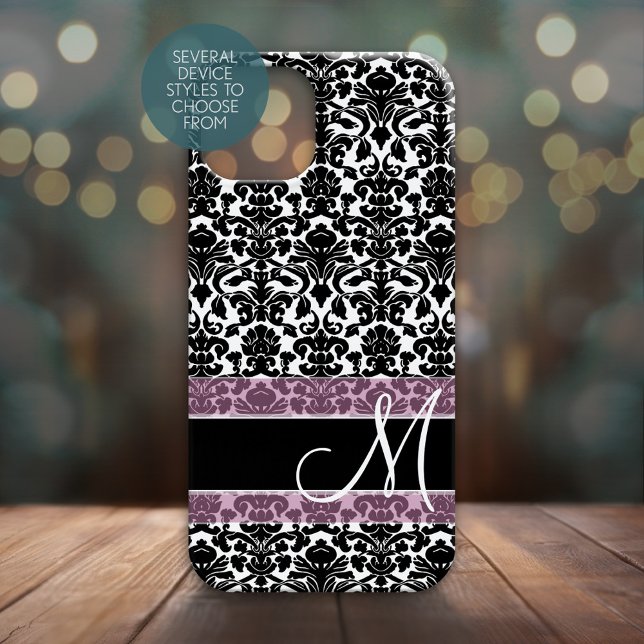 Black and White Damask Pattern with Monogram (Personalized Phone Case - Many Device Styles to Choose From)