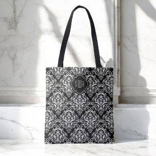 Black and White Damask Pattern with Monogram Tote Bag