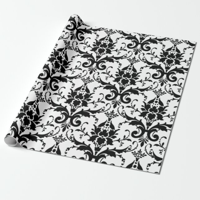 Black and White Damask Pattern Wrapping Paper (Unrolled)