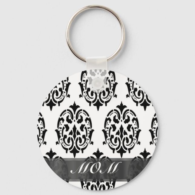 Black and white damask personalised mum key ring (Front)