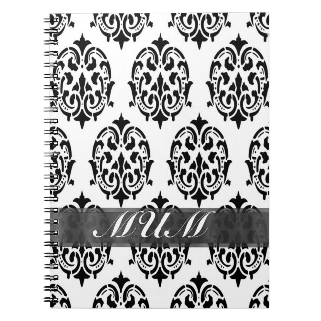 Black and white damask personalised mum notebook (Front)