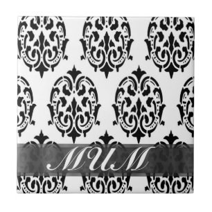 Black and white damask personalised mum tile
