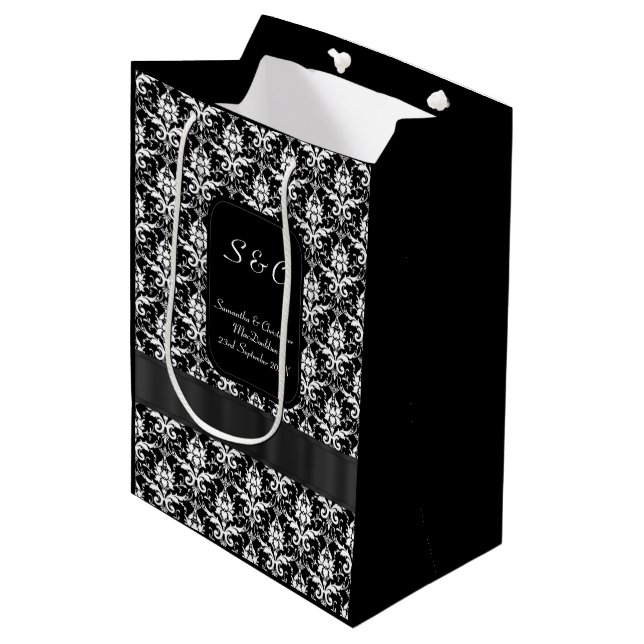 Black and white damask personalised wedding medium gift bag (Front Angled)