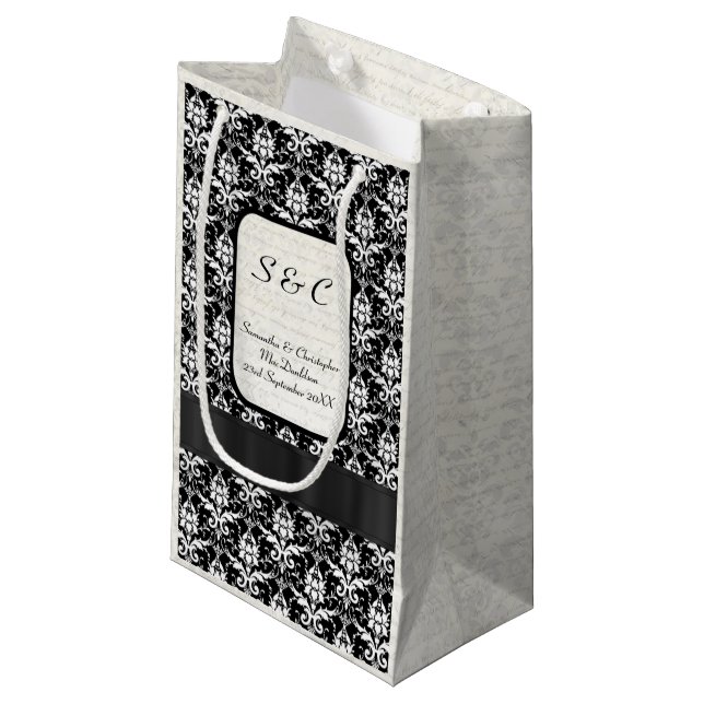 Black and white damask personalised wedding small gift bag (Front Angled)
