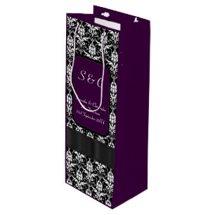 Black and white damask personalised wedding wine gift bag