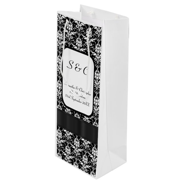 Black and white damask personalised wedding wine gift bag (Front Angled)