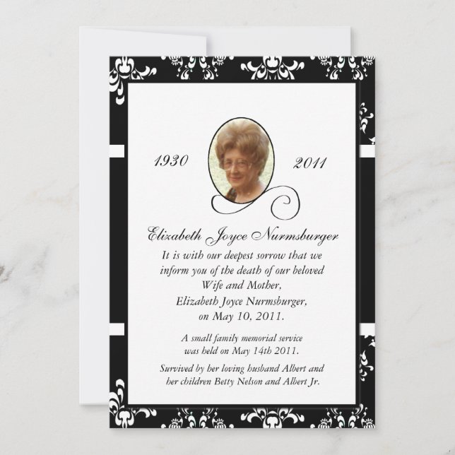 Black and White Damask Photo Death Announcement (Front)