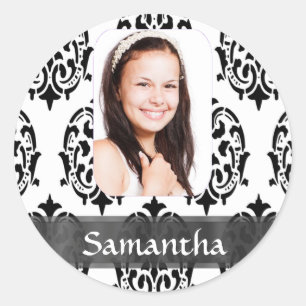 Black and white damask photo template classic round sticker