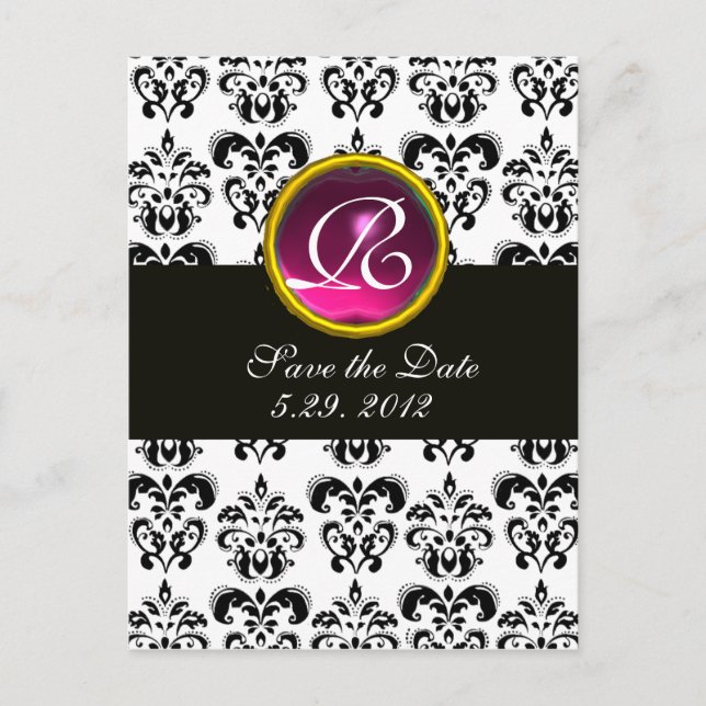 BLACK AND WHITE DAMASK Pink  Amethyst Monogram Announcement Postcard (Front)