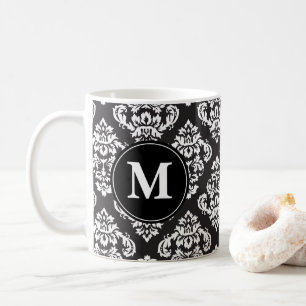 Black and White Damask Print Pattern Monogram Coffee Mug