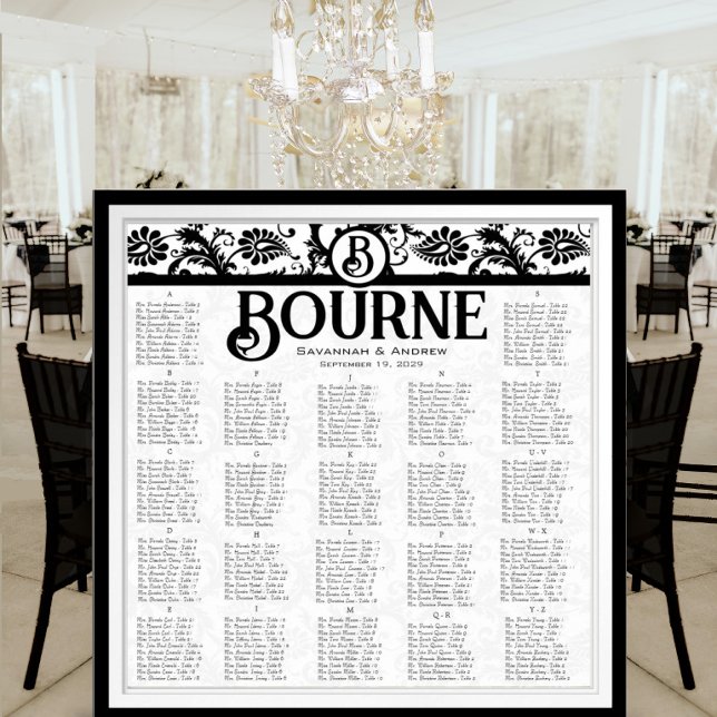 Black and White Damask  Reception Seating Chart (To see frame and mat pricing,  please choose your options.)
