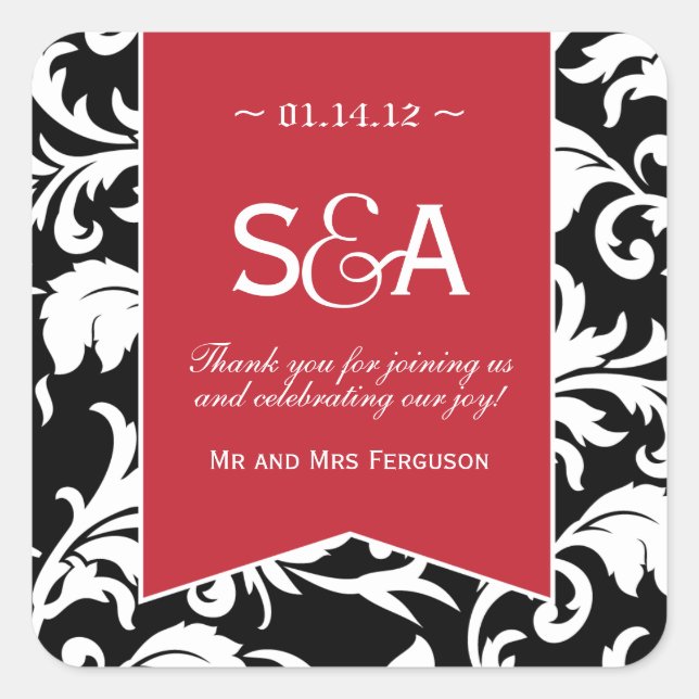 Black and White Damask - Red Accent Favour Sticker (Front)