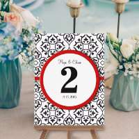 Black and White Damask Red Trim Table Number