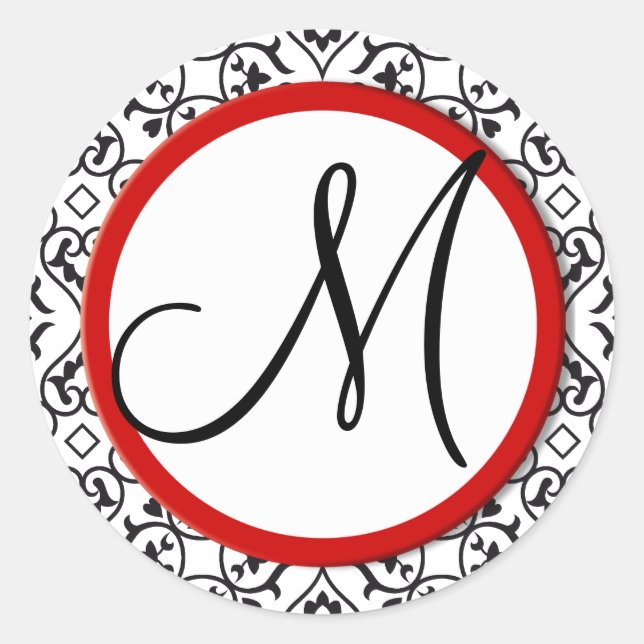 Black and White Damask Red Trim Wedding Seal (Front)