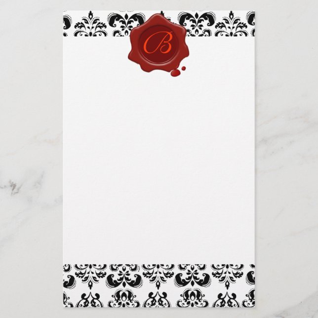 BLACK AND WHITE DAMASK , RED WAX SEAL MONOGRAM STATIONERY (Front)