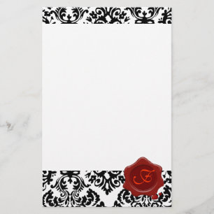 BLACK AND  WHITE DAMASK , RED WAX SEAL MONOGRAM STATIONERY