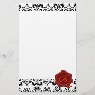 BLACK AND WHITE DAMASK , RED WAX SEAL MONOGRAM STATIONERY
