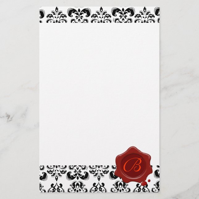 BLACK AND WHITE DAMASK , RED WAX SEAL MONOGRAM STATIONERY (Front)
