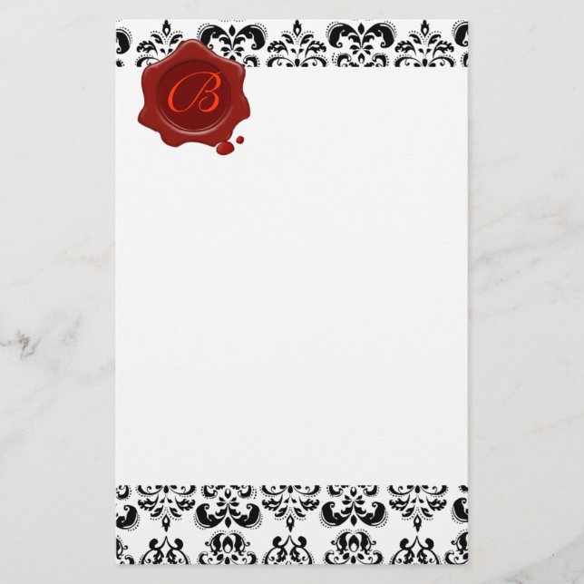 BLACK AND WHITE DAMASK , RED WAX SEAL MONOGRAM STATIONERY (Front)
