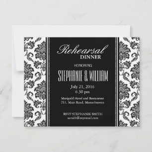 Black and White Damask Rehearsal Dinner Card