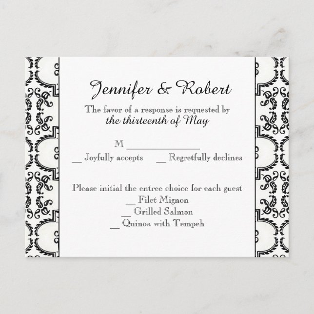 Black and White Damask RSVP Postcard (Front)