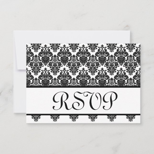 Black and White Damask RSVP Wedding Response (Front)