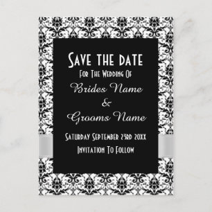 Black and white damask save the date announcement postcard
