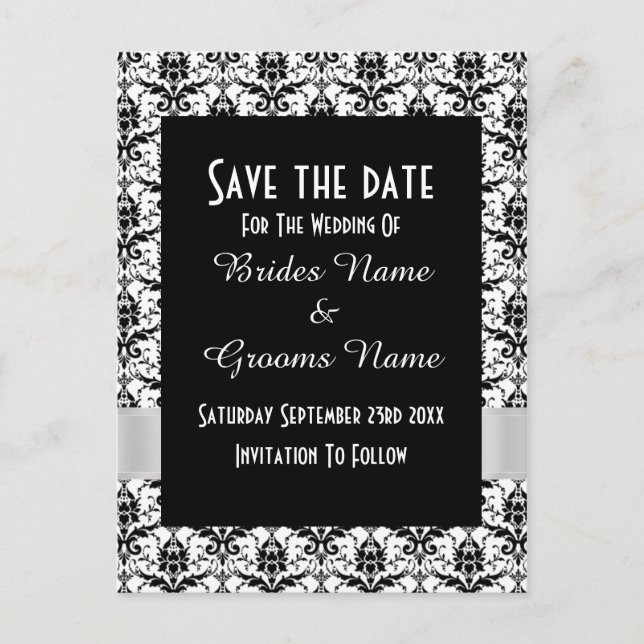 Black and white damask save the date announcement postcard (Front)