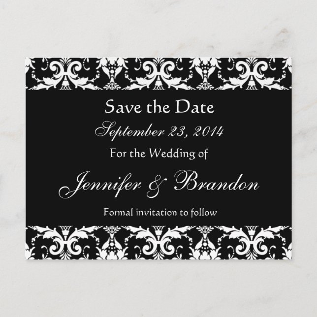 Black and White Damask Save The Date Postcard (Front)