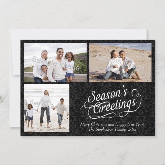 Black and White Damask Season's Greetings Holiday Card (Front)